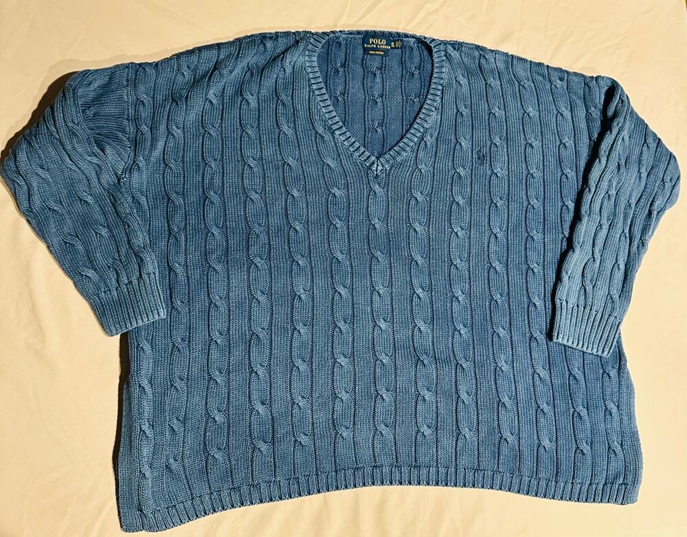 Polo Ralph Lauren Cable Knit Sweater mens XL Blue Pima V Neck Preppy Old Money